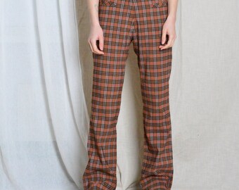 Pantalones de mujer estilo retro a cuadros marrones de los años 90, estilo preppy, talla de cintura 28 pulgadas, talla pequeña S