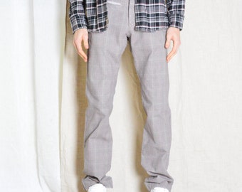 パンツ 90s vintage check cotton slacks c-boy Vintage 90s Check Pleated Cotton Pants, Faded Blue Grey, Waist 27