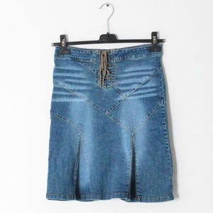 Y2K Faded Blue Pleated Patchwork Grunge Womens Denim Skirt Waist Size 28 In S