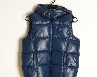 Vintage Y2K Navy Blue Padded Winter Vest Womens Warm Jacket With Hood Size Small S