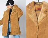 Vintage 90s Camel Brown Warm Leather Winter Faux Fur Coat Womens Size Small