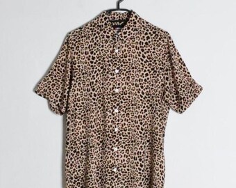 Y2K vintage beige luipaard luipaard dierenprint heren zomershirt met korte mouwen maat M
