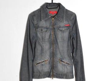 Vintage Y2K Faded Blue Striped Womens Grunge Denim Zipper Jacket Size Small S