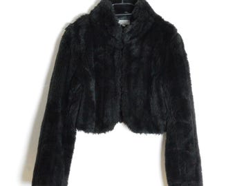 Vintage 90er Jahre Schwarze Kunstpelz Damen Flauschige Gothic Jacke Gr. Large L