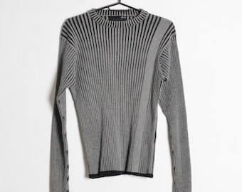 Y2K Vintage Grå Svart Ribbad Stickad Randig Minimalistisk Grunge Gotisk Tröja Herrtröja Storlek S