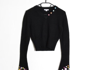 Y2K Vintage Omarbetad Svart Färgglad Knappklocksärm Beskuren V-ringad Topp Damtröja Storlek S