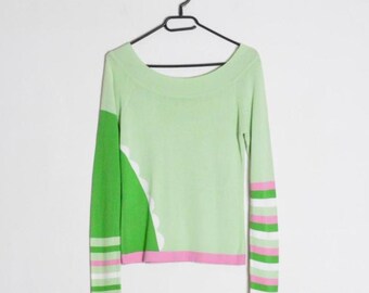Y2K Vintage Pastel Green Color Block Off The Shoulder Striped Jumper Womens Lightweight Sweater Size S