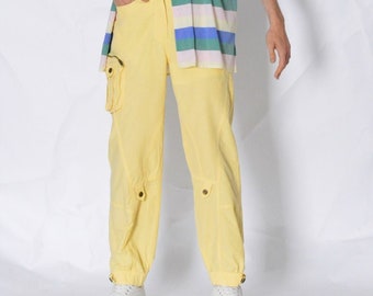 Pantalones cargo unisex vintage de los años 90, color amarillo pastel, estilo grunge, talla XS (28 pulgadas)