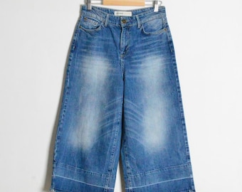Y2K Vintage Blue Faded Denim Womens High Waist Wide Leg Pants Grunge Capri Trousers Waist 27 In Size S