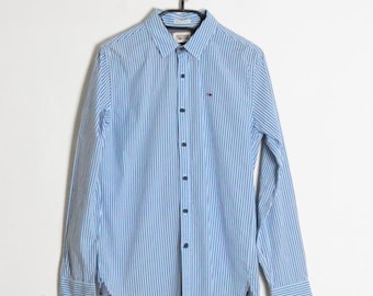 Y2K vintage bleu clair rayé classique formel Officecore chemise homme style oxford à manches longues preppy bouton taille S