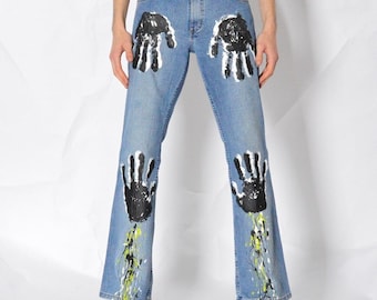 Y2K Reworked Vintage mustang Jeans, handbemalte Upcycled Denim Hose (Taille 76 cm) S