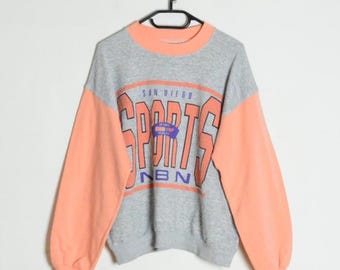 Sudadera deportiva vintage de los 80 en gris y melocotón con estampado de San Diego, EE. UU., para mujer, talla M.