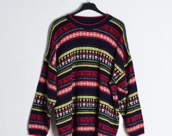 Vintage 90s Colorful Navy Blue Striped Knit Ornamental Jumper Womens Grandma Sweater Size XL