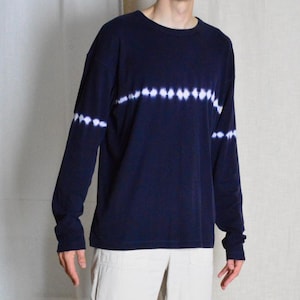 Vintage 90-tals marinblå tie dye långärmad grunge randig bomullsskjorta, herrstorlek L