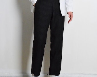 Y2K Vintage Ciemnoszare Wełniane Prążkowane Formalne Spodnie Męskie Officecore Rozmiar Pasa 31 w M