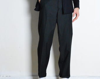 Vintage 90s Check Pleated Cotton Pants, Faded Blue Grey, Waist 27