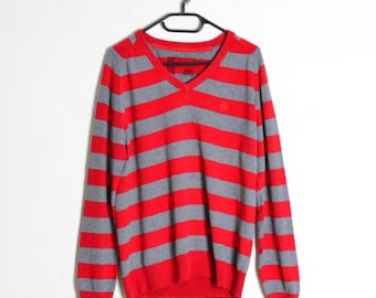 Vintage Y2K rood-grijze gestreepte V-hals trui voor heren, preppy model, maat M