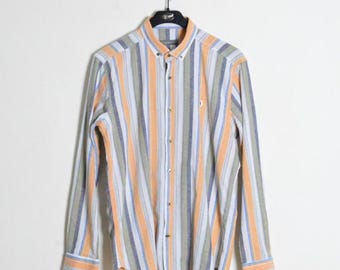 Vintage jaren 90 pastelkleurig gestreept preppy herenhemd met lange mouwen in Oxford-stijl met knopen, maat L