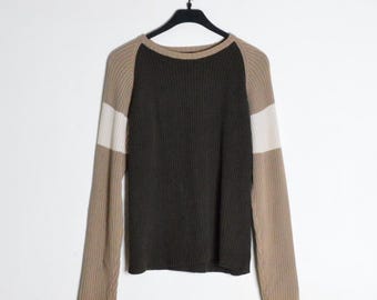 Suéter vintage dos anos 90 em malha canelada com blocos de cores, tamanho médio masculino.