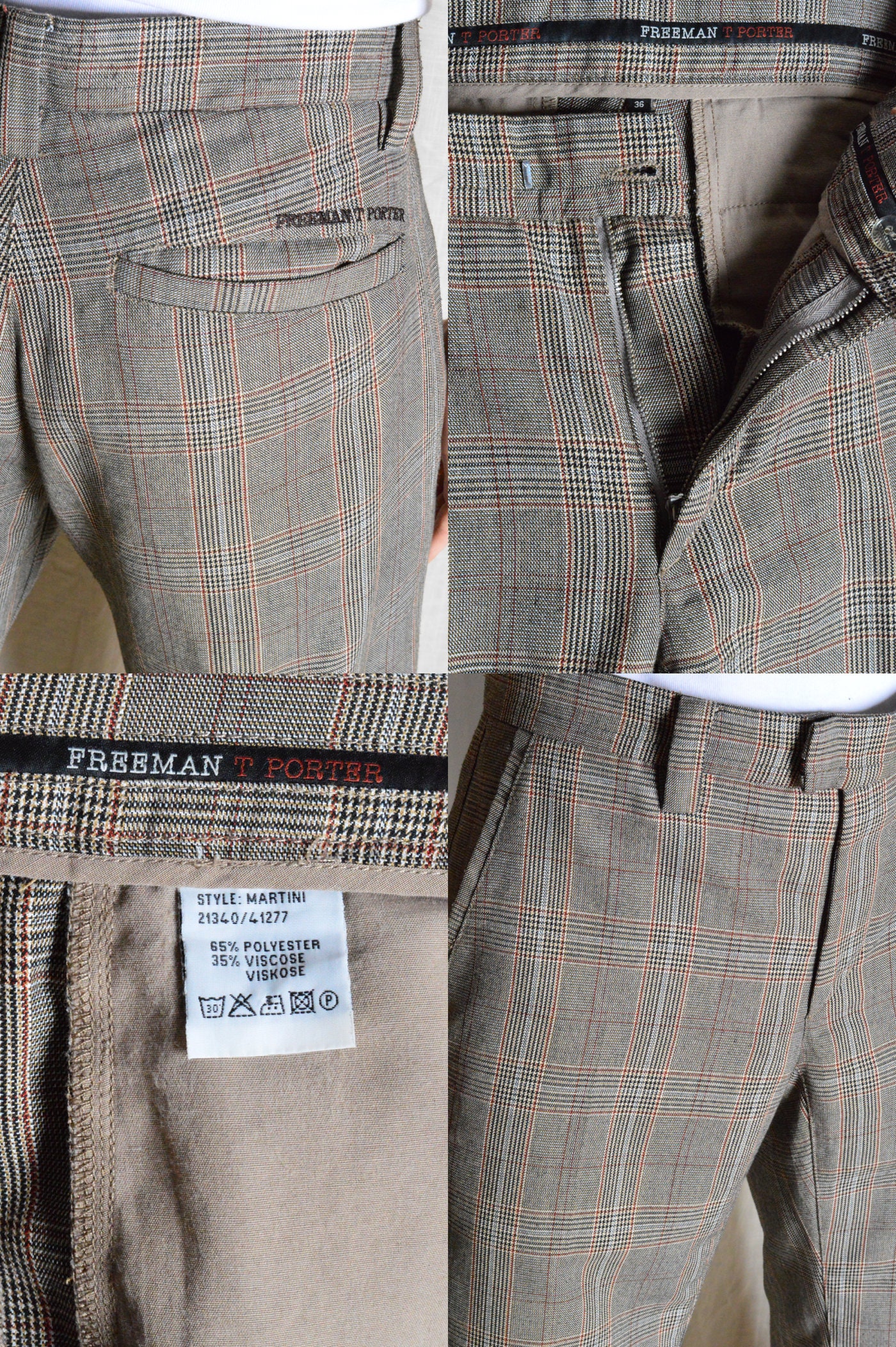 Vintage 90s Beige Brown Houndstooth Check Mens Pants Formal Preppy