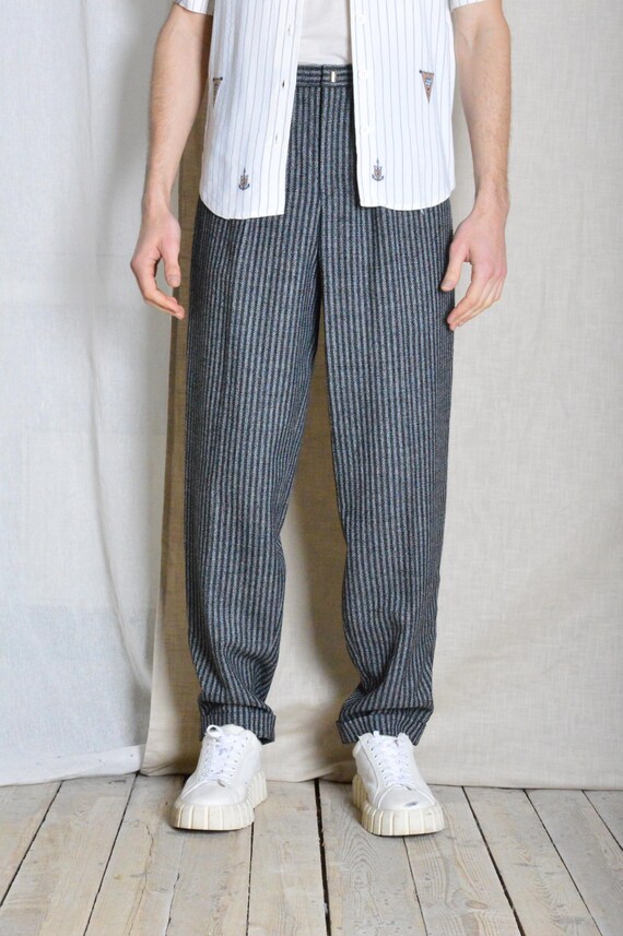 Vintage 70s Gray Striped High Waist Pleated Mens Pants Formal