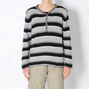 Suéter de cuello en V para hombre, estilo grunge punk, de mezcla de lana y mohair con rayas grises y negras, talla XL