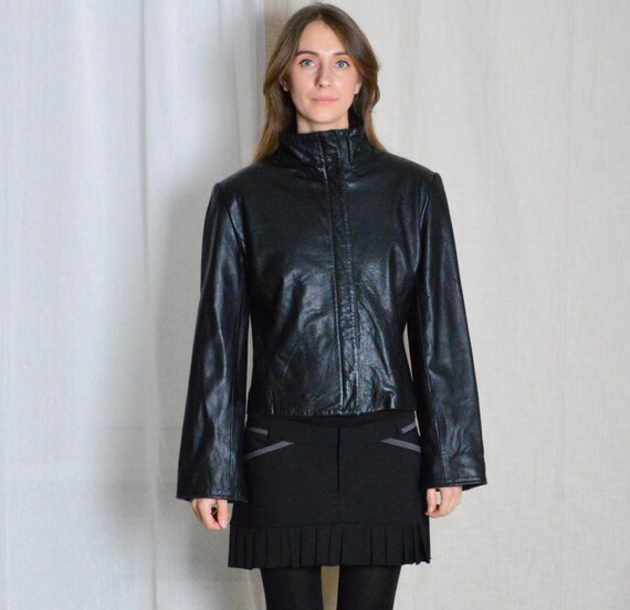 Vintage 90s Minimalist Black Grunge Goth Leather Jacket With Wide