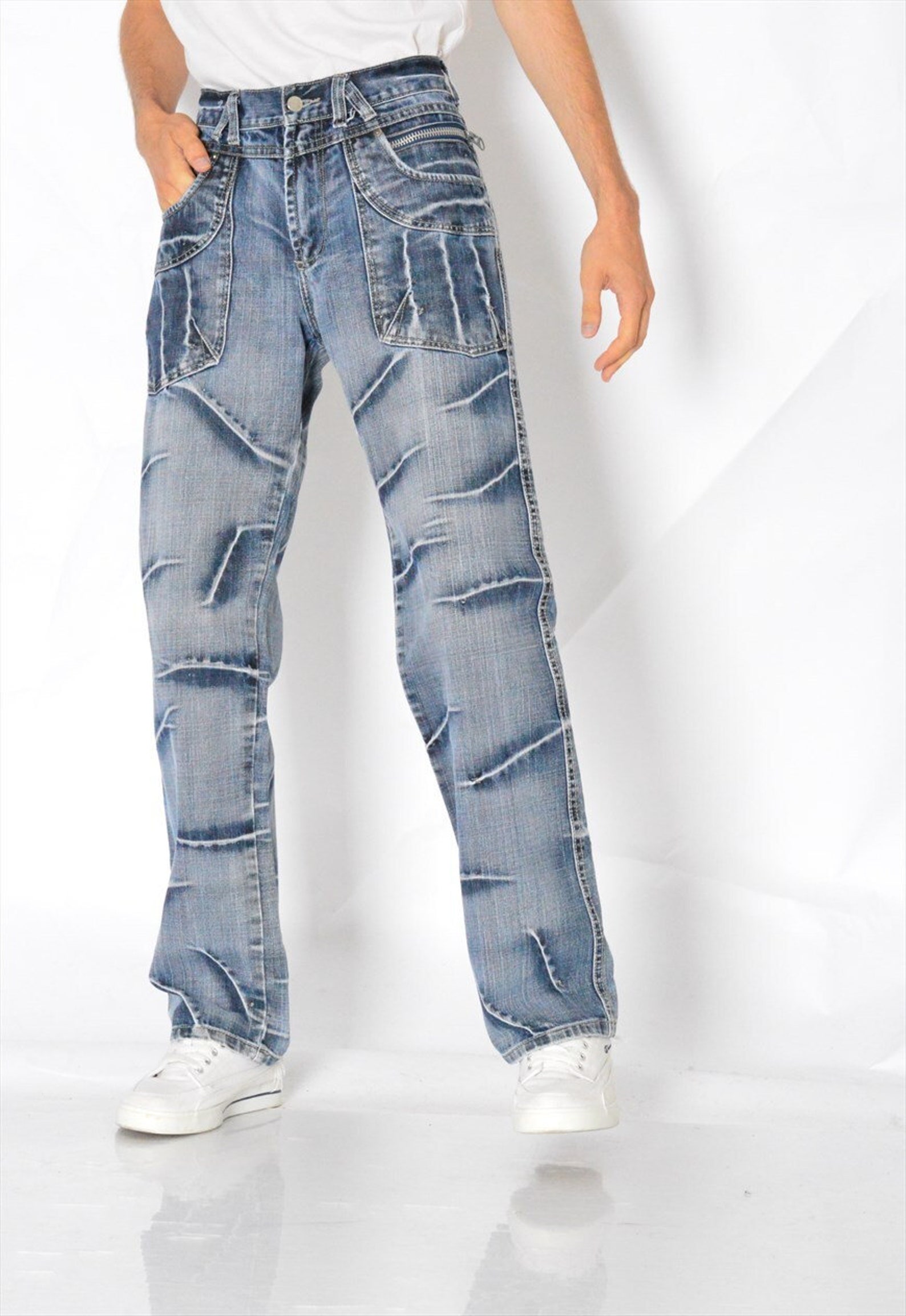 Y2K Vintage Faded Blue Cyber Punk Jeans Mens Denim Pants Waist Etsy