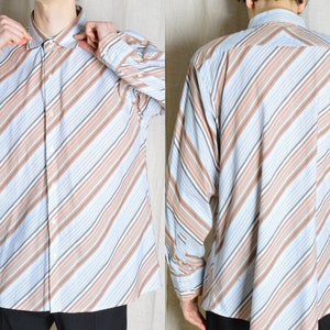 Y2K Blue Beige White Striped Long Sleeve Shirt Size XL
