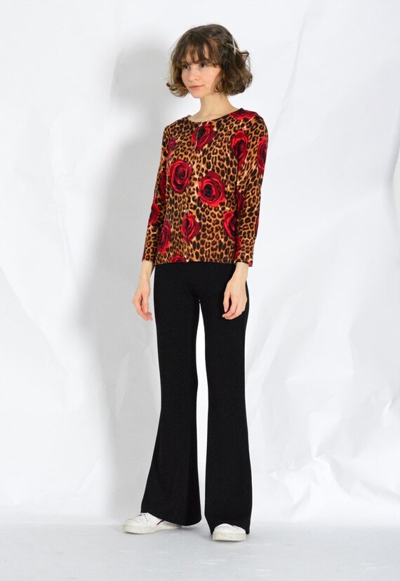 Y2K Vintage Brown Red Leopard Roses Cardigan Womens Top Petite Size XS -   Australia
