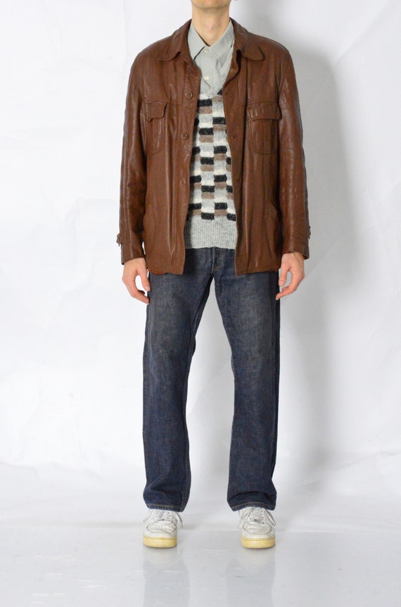Vintage 70s Brown Minimalist Leather Jacket Size M - image 2