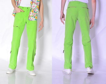 Y2K Unisexe Neon Bold Lime Green Shell Cargo Pants taille 27 In XS