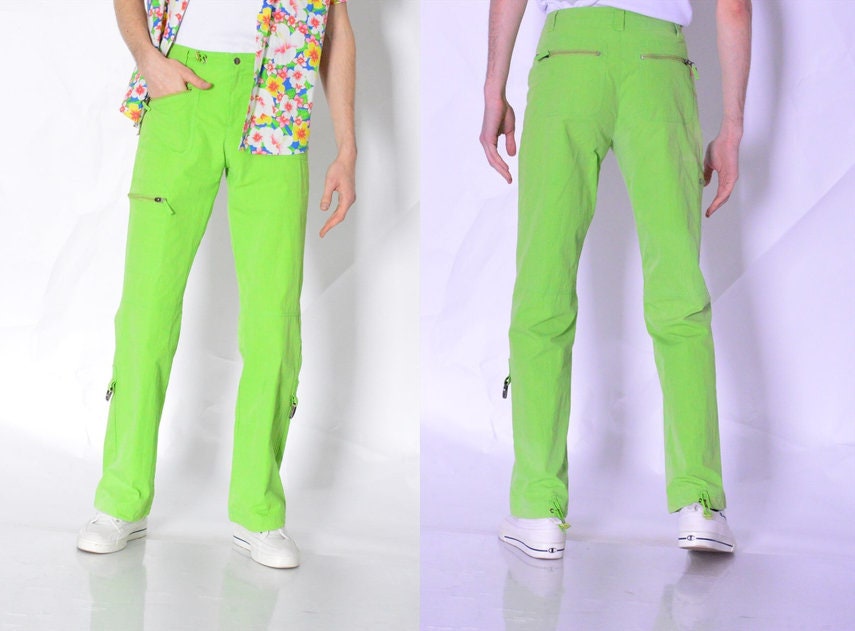 Y2K Unisex Neon Bold Lime Green Shell Cargo Pants Waist Size 27 in XS -   Canada