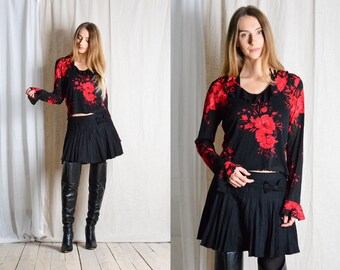 Y2K Negro Rojo Rosas Sheer Bell Manga Romántico Gótico Top Talla L