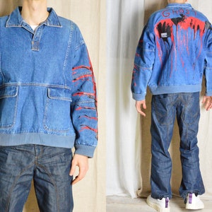 REWORKED Vintage 90s Hand Painted Ghost Red Blue Denim Jacket Size Medium M
