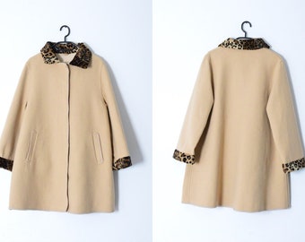 Vintage 80s Beige Leopard Print Wool Blend Lightweight Womens Coat Size L