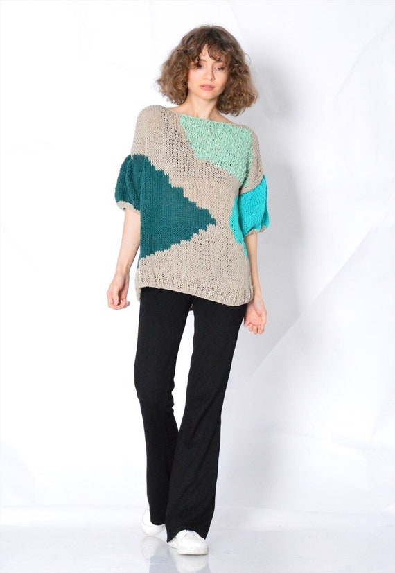 Y2K Beige Green Knit Abstract Cow Print Top Size … - image 4