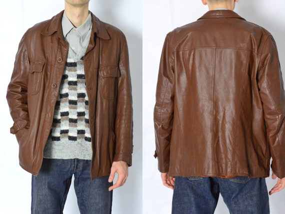 Vintage 70s Brown Minimalist Leather Jacket Size M - image 1