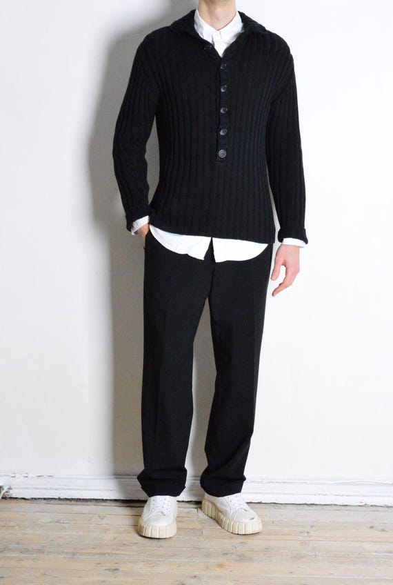 Vintage 90s Black Ribbed Knit Cotton Minimalist Button Turtle Neck Sweater  Mens Jumper Size S - Etsy