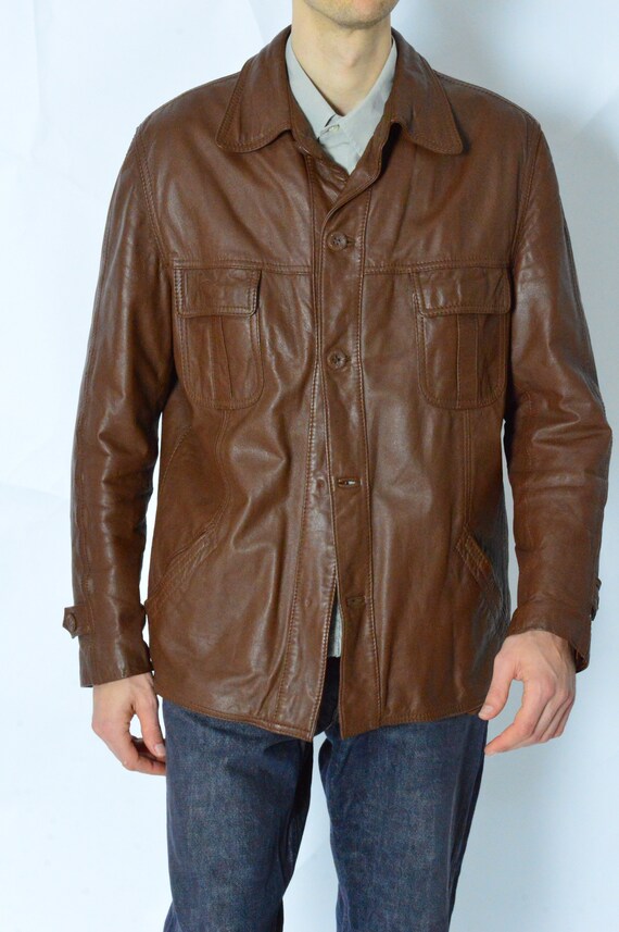 Vintage 70s Brown Minimalist Leather Jacket Size M - image 6