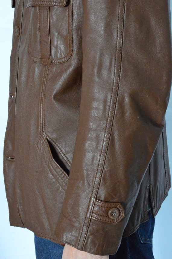 Vintage 70s Brown Minimalist Leather Jacket Size M - image 8