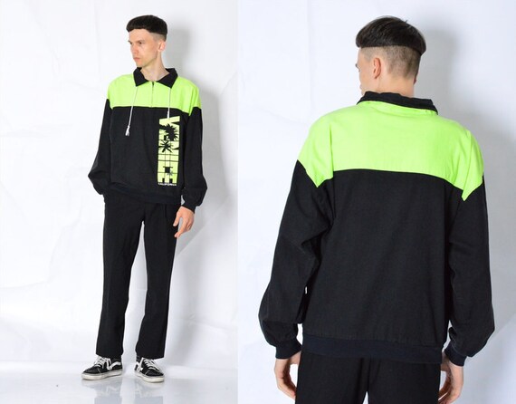 Vintage 80s Black Neon Green California Venice Mens Summer Jacket