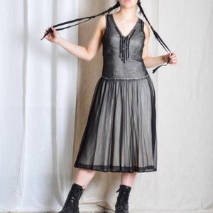 Y2K Beige Black Grunge Gothic Punk Sheer Mesh V-Neck Midi Dress Size S