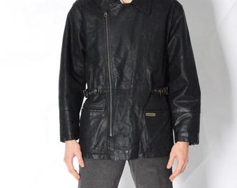 Vintage 80s Hollies Unisex Grunge Black Belted Leather Jacket Mens Size S