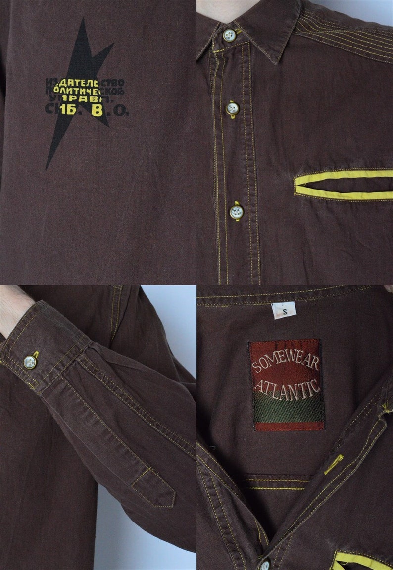 Vintage 90s Brown Graphic Grunge Long Sleeve Shirt Size S