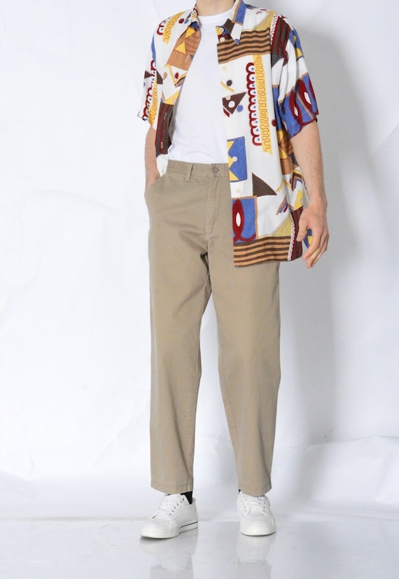 Vintage 90s Beige Minimalist Mens Chinos Pants Preppy Trousers