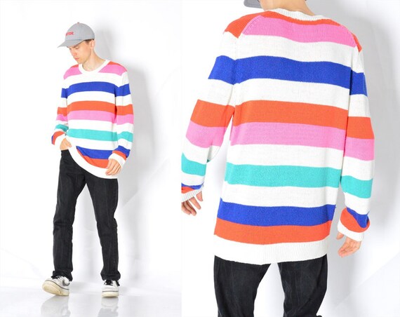 Y2k Colourful Striped Rainbow Knit Jumper Mens Sweater Size XL