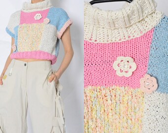 Y2K Vintage Colourful Pastel Knit Patchwork Flower Turtleneck Cropped Womens Vest Size S
