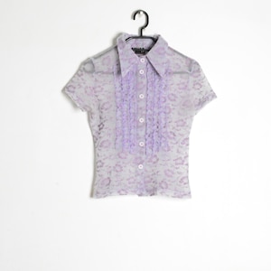 Vintage 70s Lilac Floral Print Ruffle Detail Transparent Short Sleeve Womens Blouse Size Extra Small XS