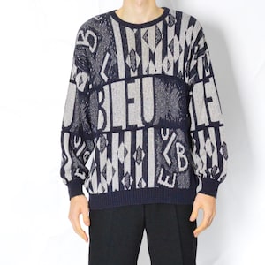 Vintage anos 90 azul marinho bege malha gráfico letra jumper tamanho L